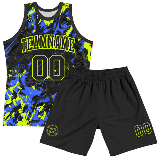 Custom Black Neon Green-Royal Splash Round Neck Sublimation Basketball Suit Jersey - Sky-Custom