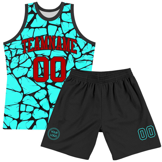 Custom Aqua Red-Black Abstract Network Round Neck Sublimation Basketball Suit Jersey - Sky-Custom