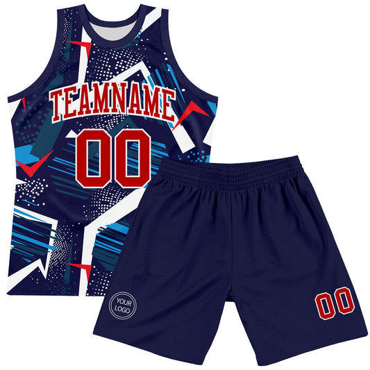 Custom Navy Red-White Geometric Shape Round Neck Sublimation Basketball Suit Jersey - Sky-Custom