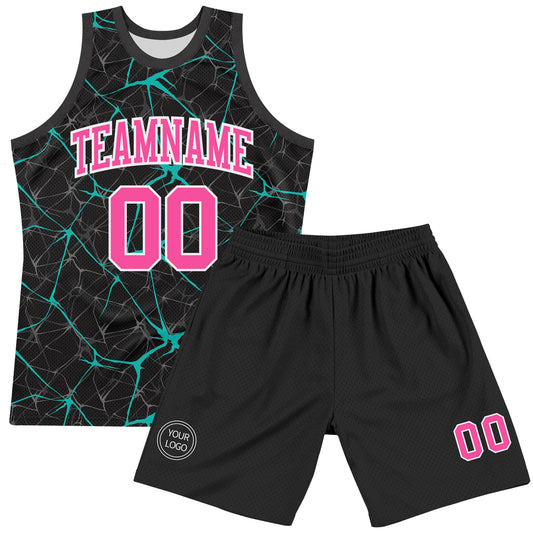 Custom Black Pink Aqua-White Abstract Network Round Neck Sublimation Basketball Suit Jersey - Sky-Custom