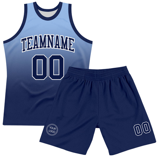 Custom Light Blue Navy-White Fade Fashion Round Neck Sublimation Basketball Suit Jersey - Sky-Custom