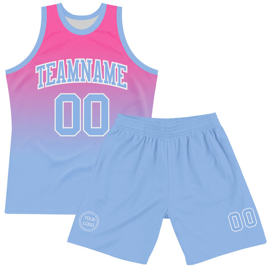 Custom Pink Light Blue-White Fade Fashion Round Neck Sublimation Basketball Suit Jersey - Sky-Custom