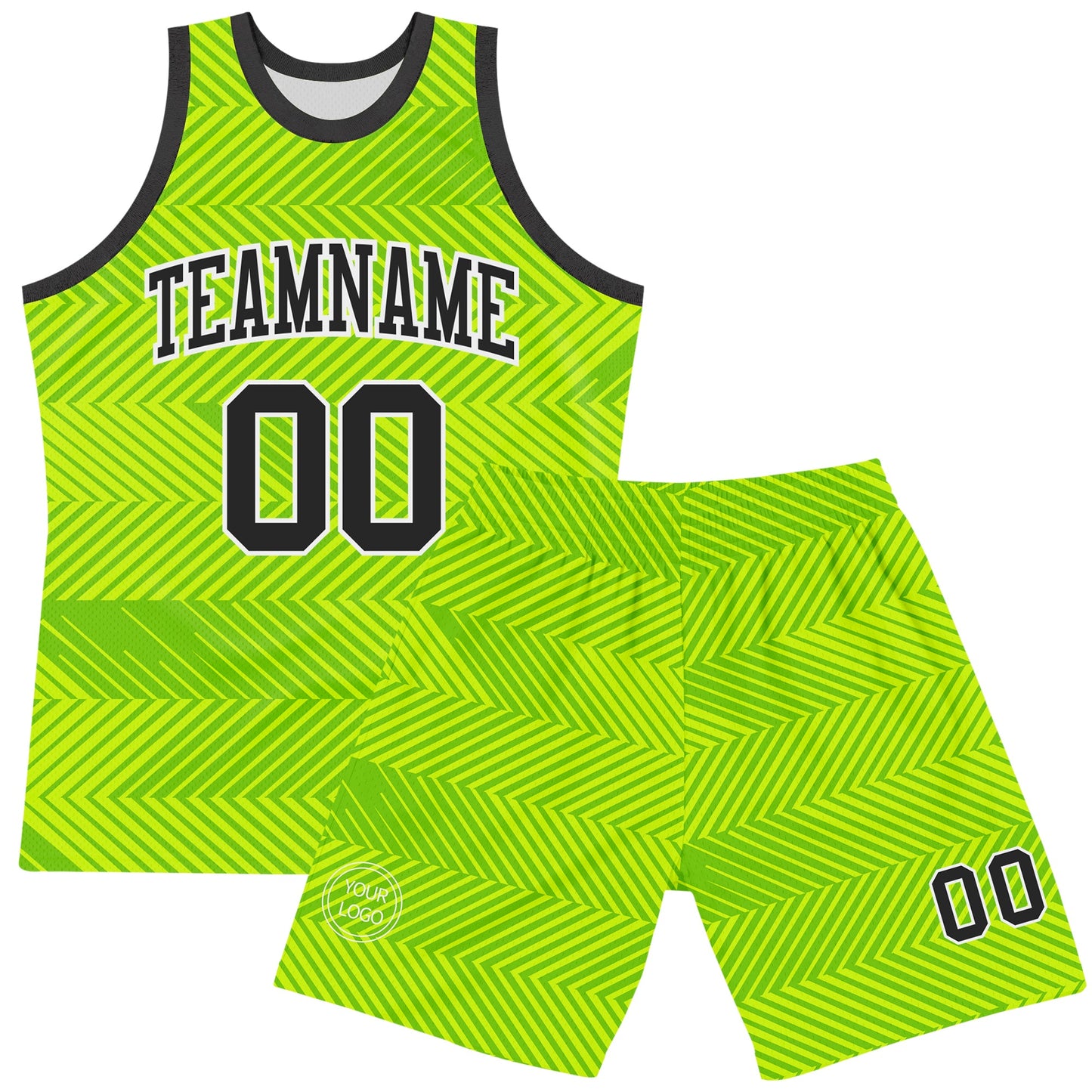 Custom Neon Green Black-White Line Round Neck Sublimation Basketball Suit Jersey - Sky-Custom