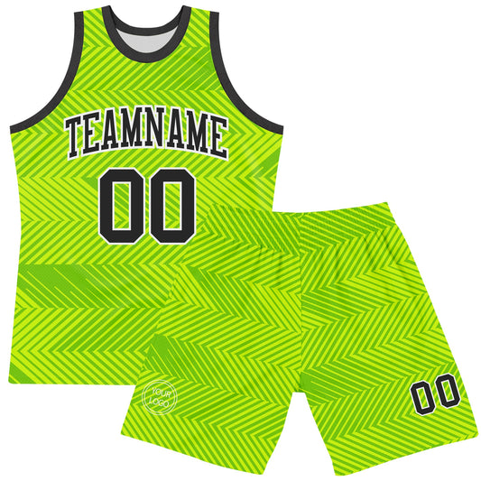 Custom Neon Green Black-White Line Round Neck Sublimation Basketball Suit Jersey - Sky-Custom
