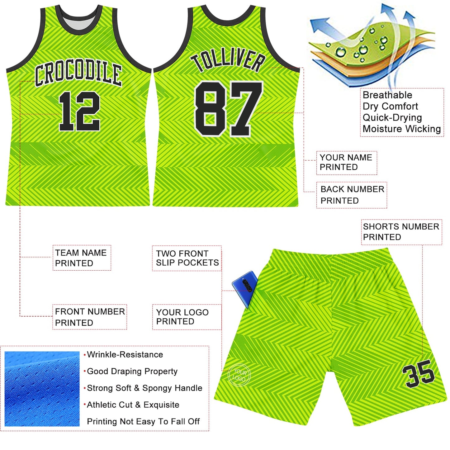 Custom Neon Green Black-White Line Round Neck Sublimation Basketball Suit Jersey - Sky-Custom