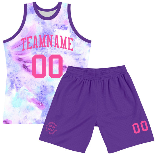 Custom Tie Dye Pink-Purple Round Neck Sublimation Basketball Suit Jersey - Sky-Custom