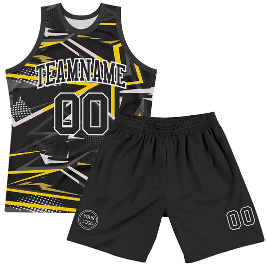 Custom Black Gold-White Line Round Neck Sublimation Basketball Suit Jersey - Sky-Custom