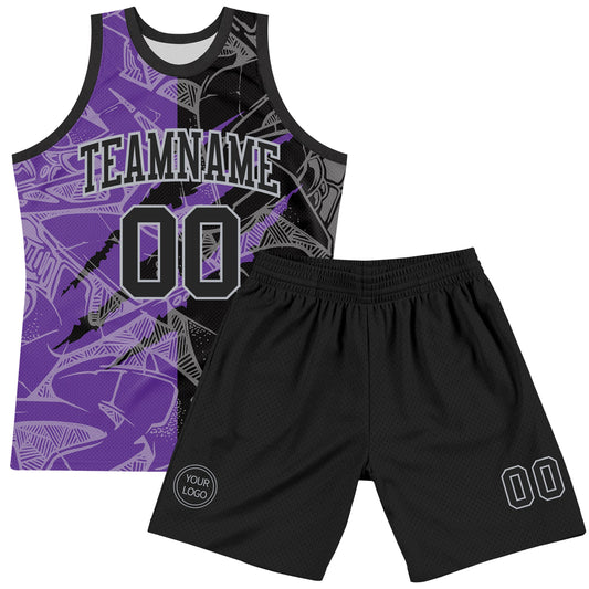 Custom Graffiti Pattern Black Purple-Gray Scratch Round Neck Sublimation Basketball Suit Jersey - Sky-Custom