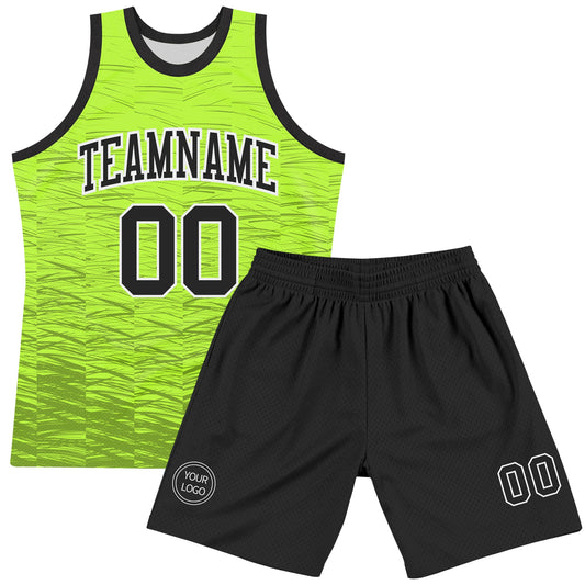 Custom Neon Green Black-White Line Round Neck Sublimation Basketball Suit Jersey - Sky-Custom