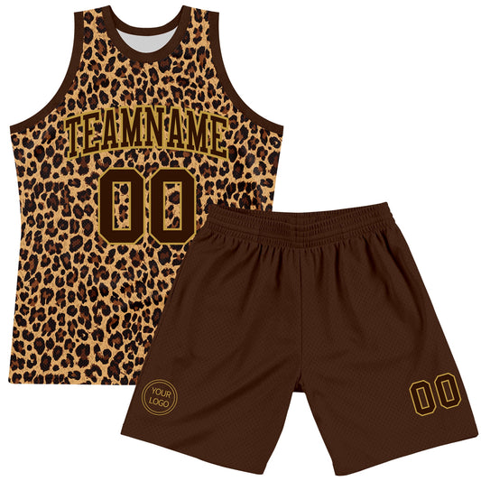 Custom Brown Old Gold Leopard Print Round Neck Sublimation Basketball Suit Jersey - Sky-Custom