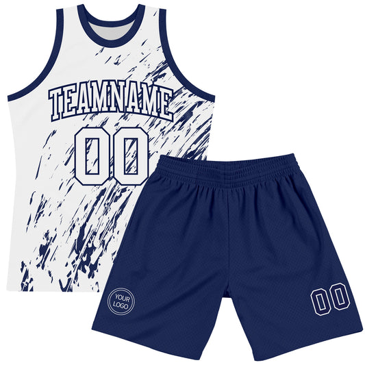 Custom White Navy Splash Round Neck Sublimation Basketball Suit Jersey - Sky-Custom