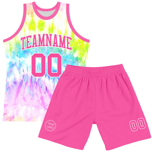 Custom Tie Dye Pink-White Round Neck Sublimation Basketball Suit Jersey - Sky-Custom