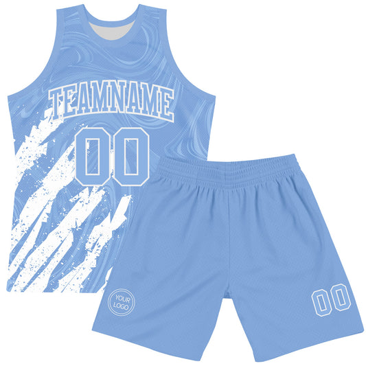 Custom Light Blue White Splash Round Neck Sublimation Basketball Suit Jersey - Sky-Custom