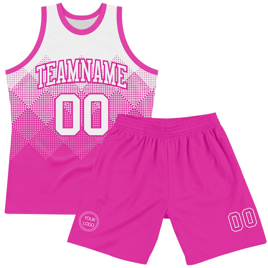 Custom White Deep Pink Gradient Square Shapes Round Neck Sublimation Basketball Suit Jersey - Sky-Custom