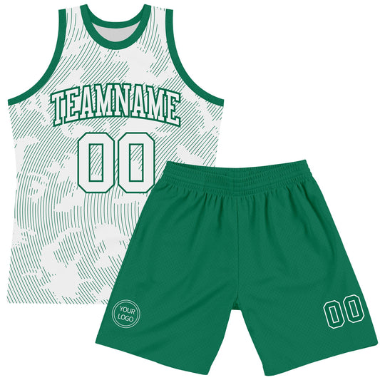 Custom White Kelly Green Curve Lines Round Neck Sublimation Basketball Suit Jersey - Sky-Custom
