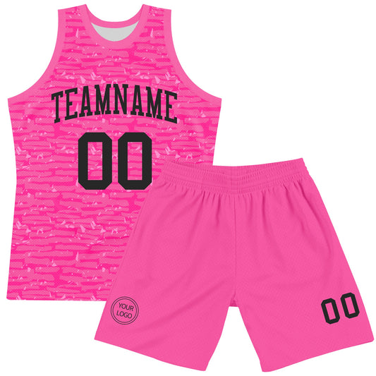 Custom Pink Black Fragment Art Round Neck Sublimation Basketball Suit Jersey - Sky-Custom