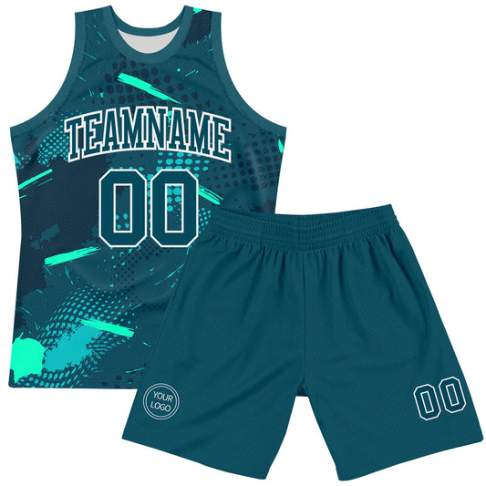 Custom Green Aqua-White Splash Round Neck Sublimation Basketball Suit Jersey - Sky-Custom