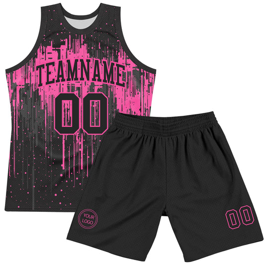 Custom Black Pink Dripping Splatter Art Round Neck Sublimation Basketball Suit Jersey - Sky-Custom