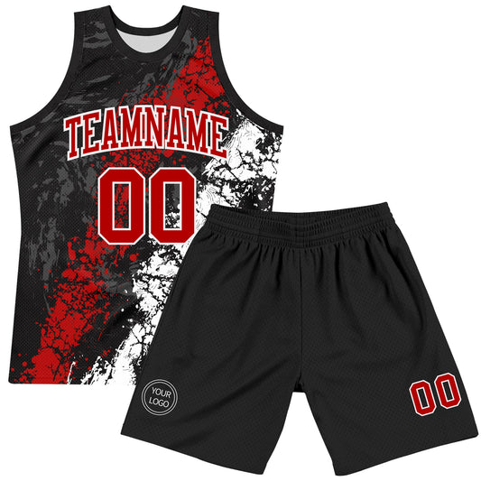 Custom Black Red-White Splash Round Neck Sublimation Basketball Suit Jersey - Sky-Custom