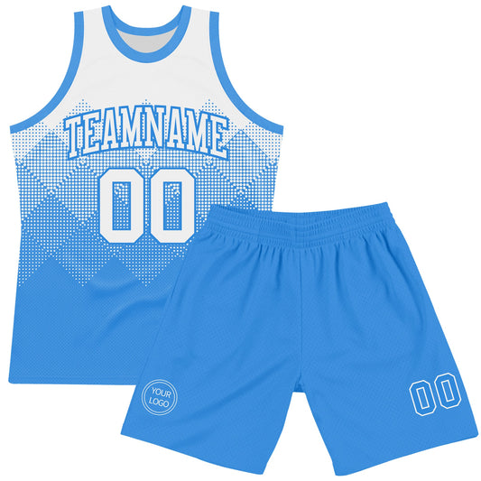 Custom White Powder Blue Gradient Square Shapes Round Neck Sublimation Basketball Suit Jersey - Sky-Custom