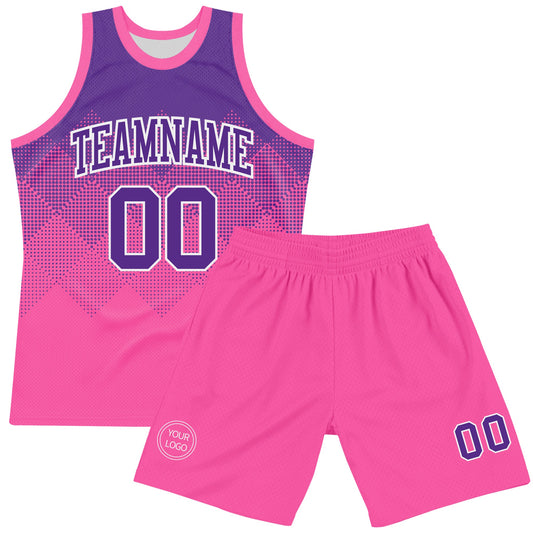 Custom Purple Pink-White Gradient Square Shapes Round Neck Sublimation Basketball Suit Jersey - Sky-Custom