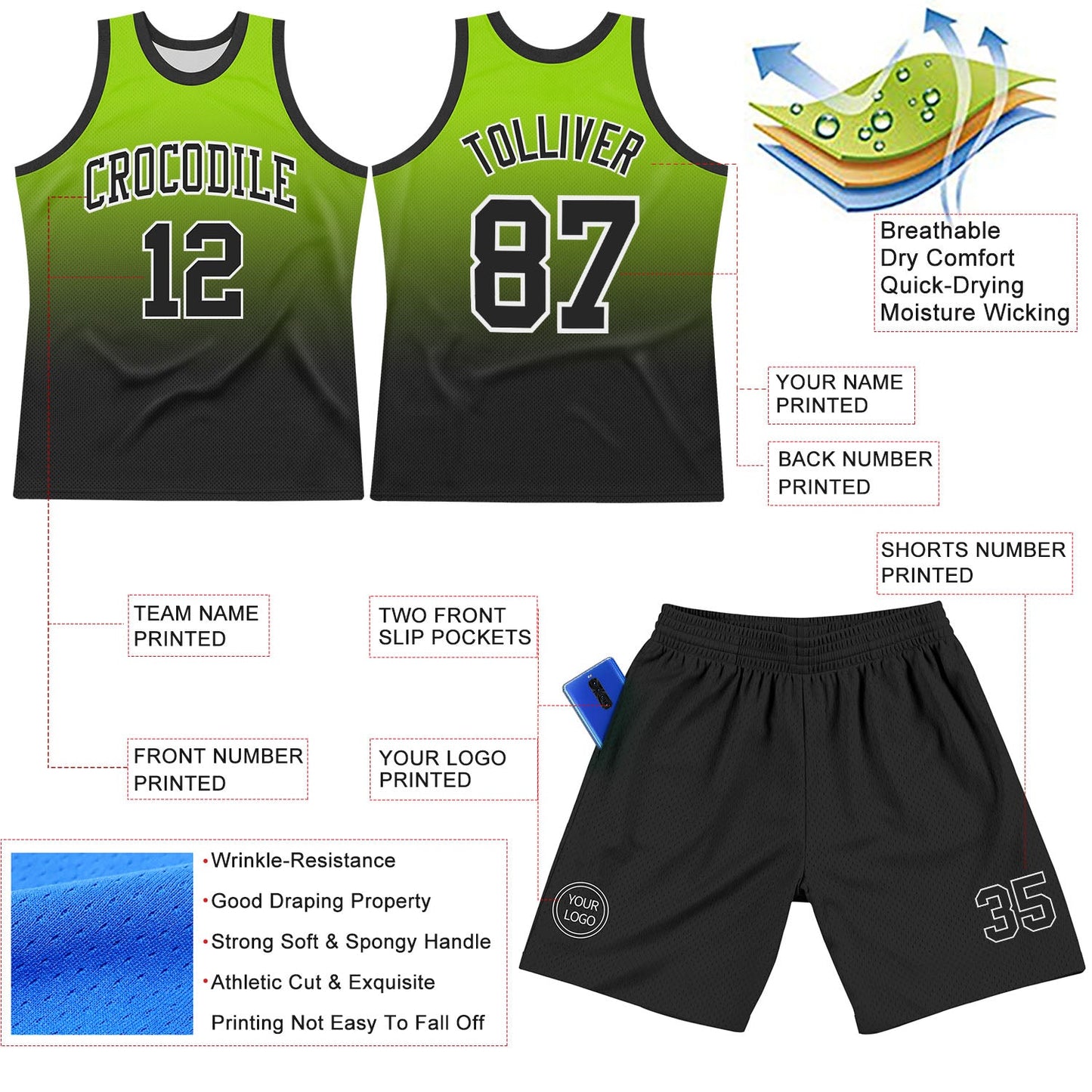 Custom Neon Green Black-White Fade Fashion Round Neck Sublimation Basketball Suit Jersey - Sky-Custom