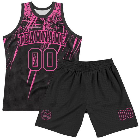 Custom Black Pink Splash Round Neck Sublimation Basketball Suit Jersey - Sky-Custom