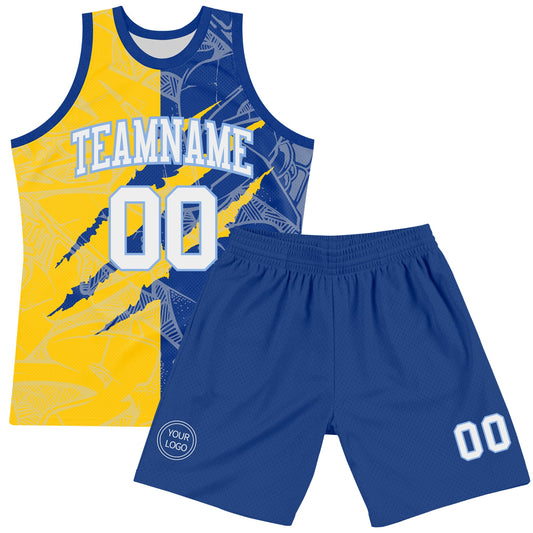 Custom Graffiti Pattern White Royal Yellow-Light Blue Scratch Round Neck Sublimation Basketball Suit Jersey - Sky-Custom