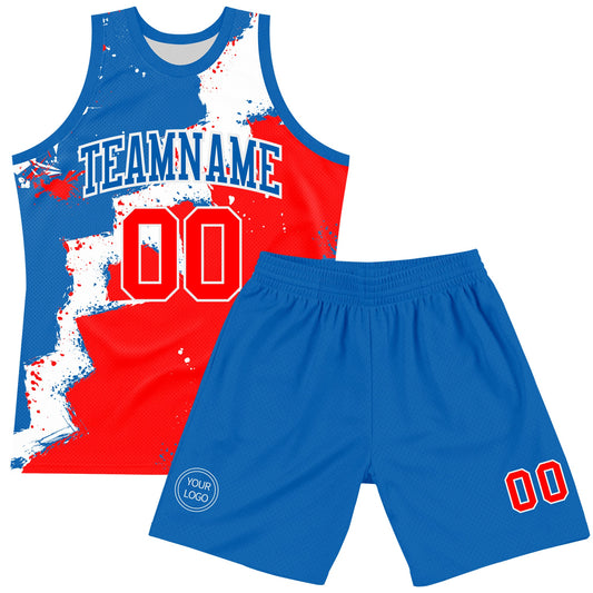 Custom Royal Red-White Splash Round Neck Sublimation Basketball Suit Jersey - Sky-Custom