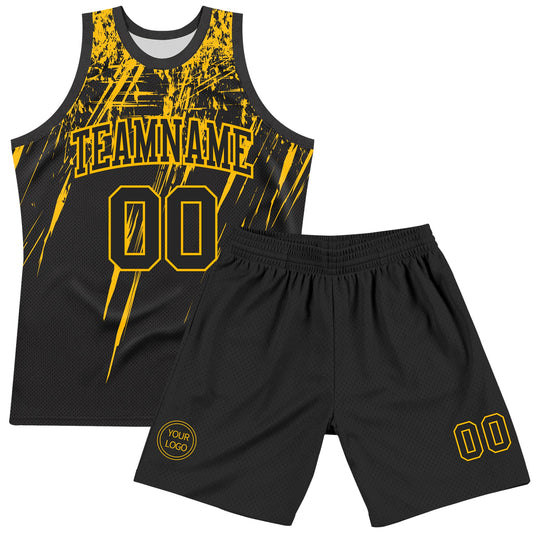 Custom Black Gold Splash Round Neck Sublimation Basketball Suit Jersey - Sky-Custom