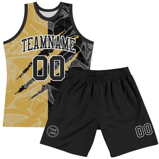 Custom Graffiti Pattern Black Old Gold-White Scratch Round Neck Sublimation Basketball Suit Jersey - Sky-Custom