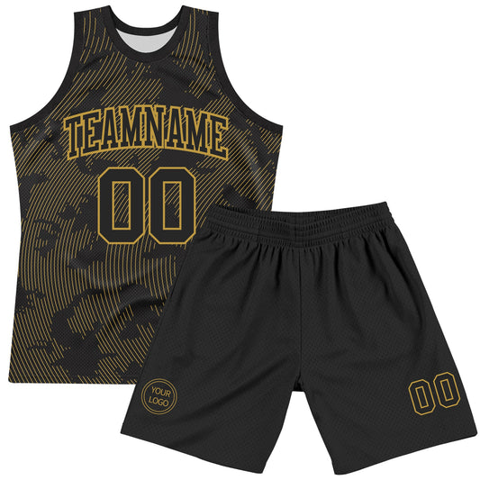 Custom Black Old Gold Curve Lines Round Neck Sublimation Basketball Suit Jersey - Sky-Custom
