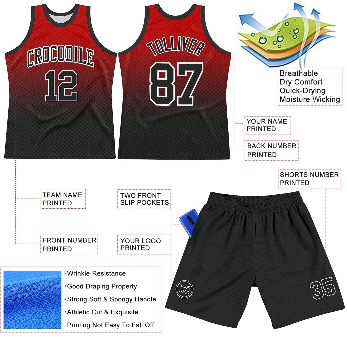 Custom Red Black-White Fade Fashion Round Neck Sublimation Basketball Suit Jersey - Sky-Custom