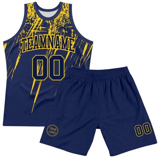 Custom Navy Yellow Splash Round Neck Sublimation Basketball Suit Jersey - Sky-Custom
