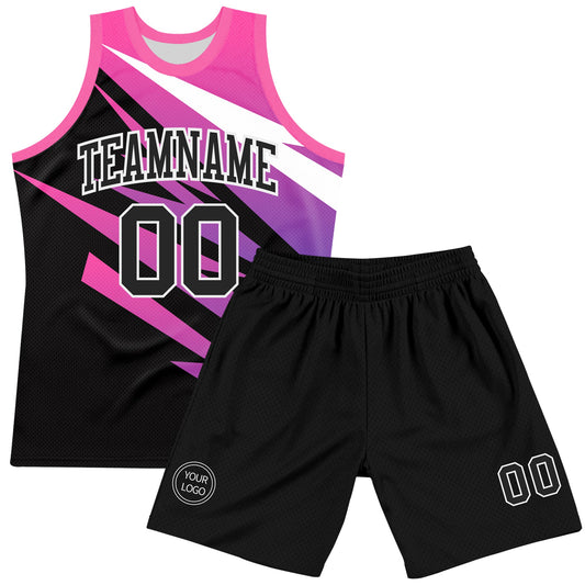 Custom Pink Black-White Line Round Neck Sublimation Basketball Suit Jersey - Sky-Custom