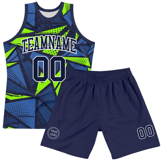 Custom Navy Neon Green-White Geometric Shape Round Neck Sublimation Basketball Suit Jersey - Sky-Custom