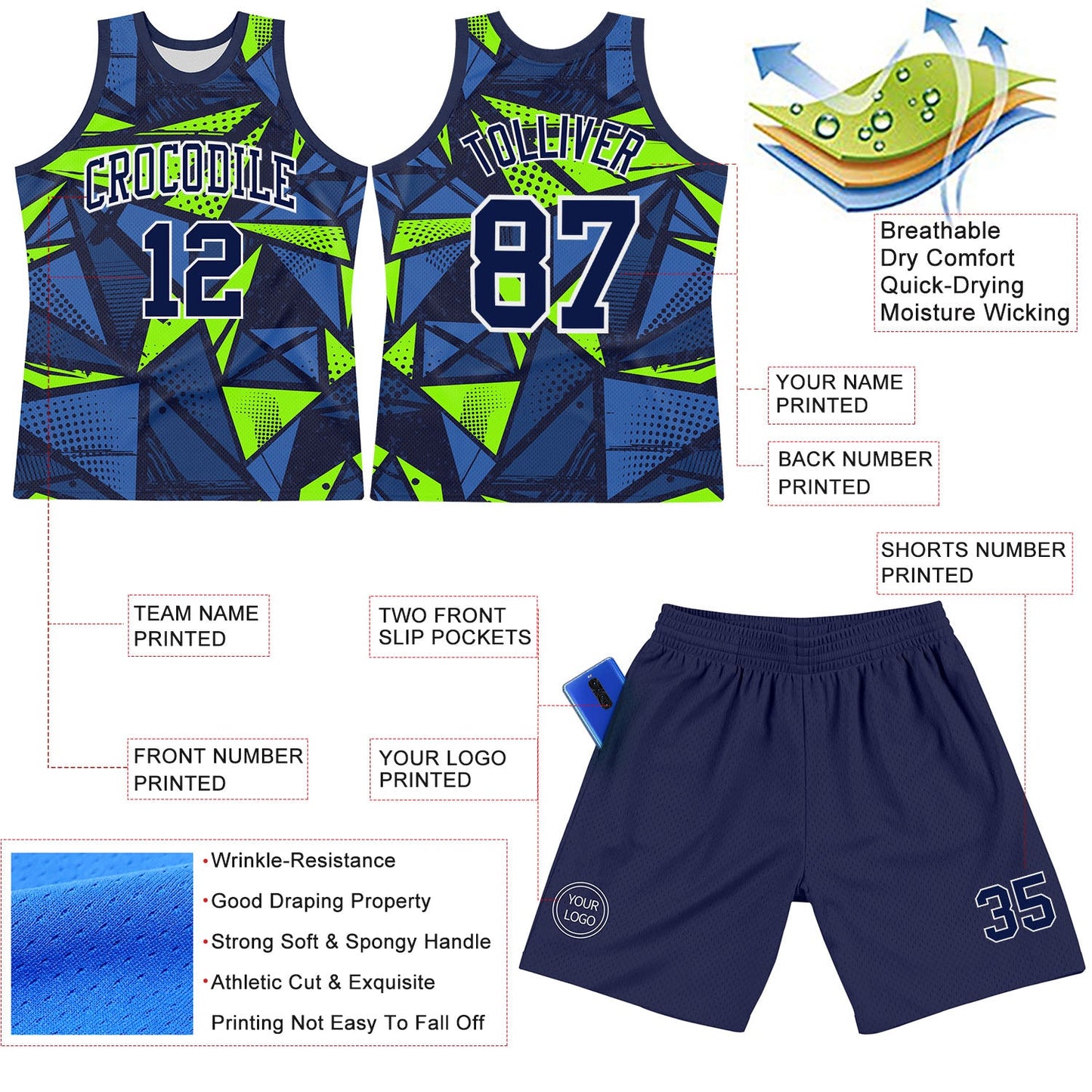Custom Navy Neon Green-White Geometric Shape Round Neck Sublimation Basketball Suit Jersey - Sky-Custom