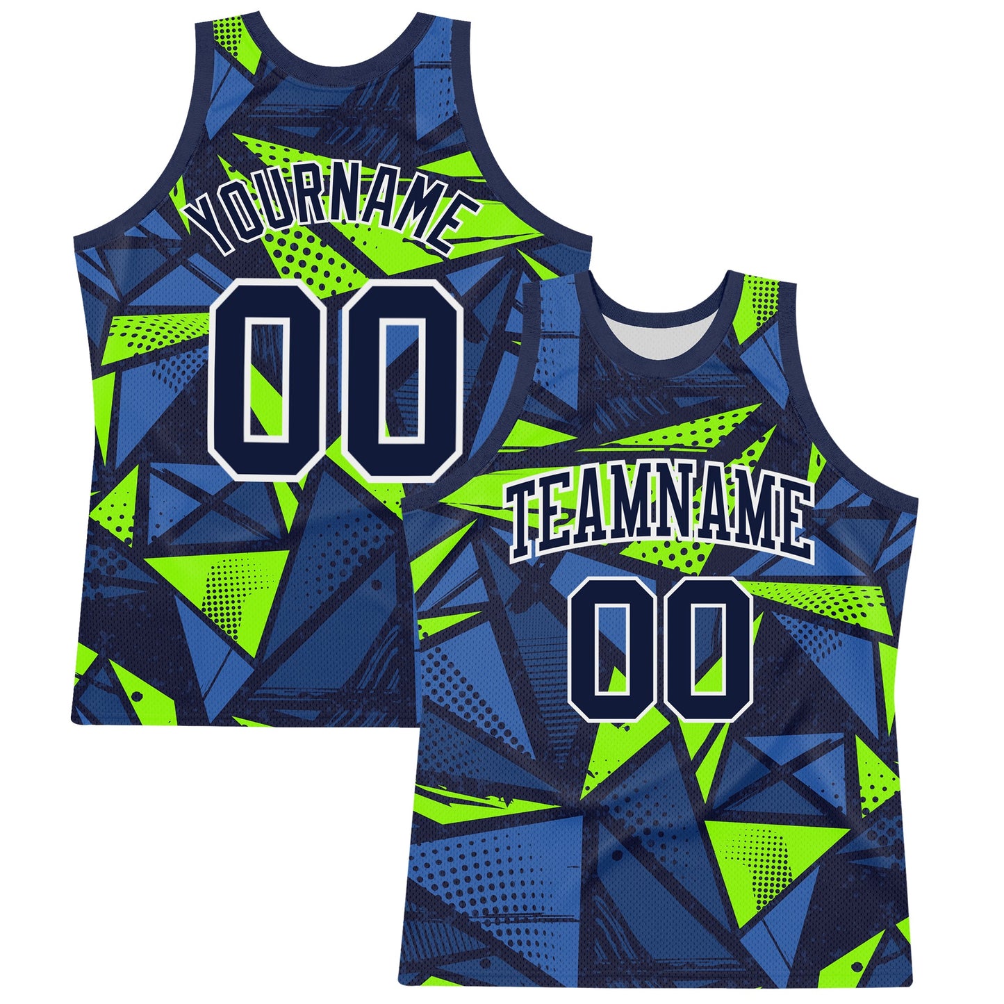 Custom Navy Neon Green-White Geometric Shape Round Neck Sublimation Basketball Suit Jersey - Sky-Custom