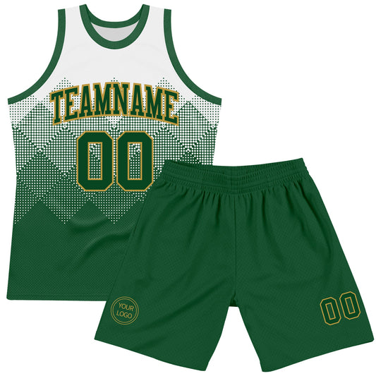 Custom White Green-Old Gold Gradient Square Shapes Round Neck Sublimation Basketball Suit Jersey - Sky-Custom
