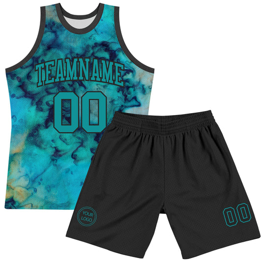 Custom Tie Dye Teal-Black Round Neck Sublimation Basketball Suit Jersey - Sky-Custom