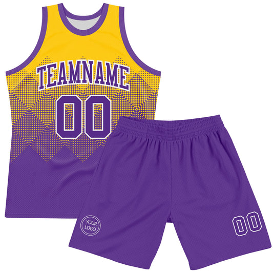 Custom Yellow Purple-White Gradient Square Shapes Round Neck Sublimation Basketball Suit Jersey - Sky-Custom