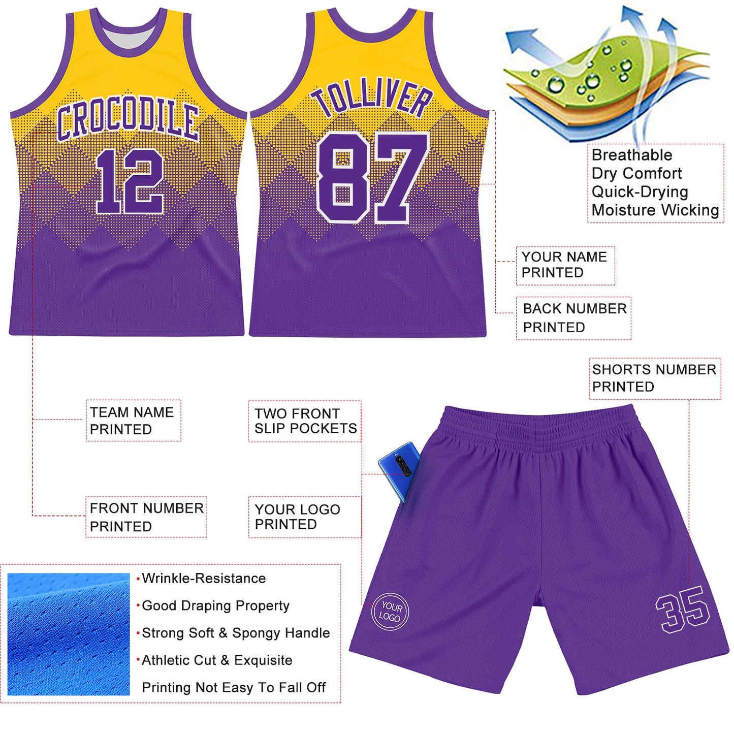 Custom Yellow Purple-White Gradient Square Shapes Round Neck Sublimation Basketball Suit Jersey - Sky-Custom