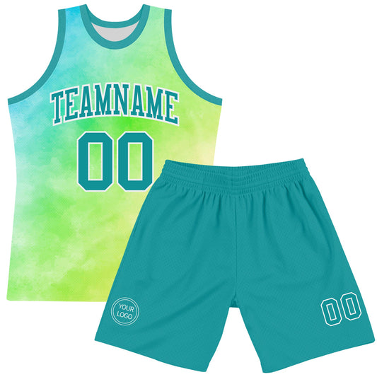 Custom Tie Dye Teal-White Round Neck Sublimation Basketball Suit Jersey - Sky-Custom