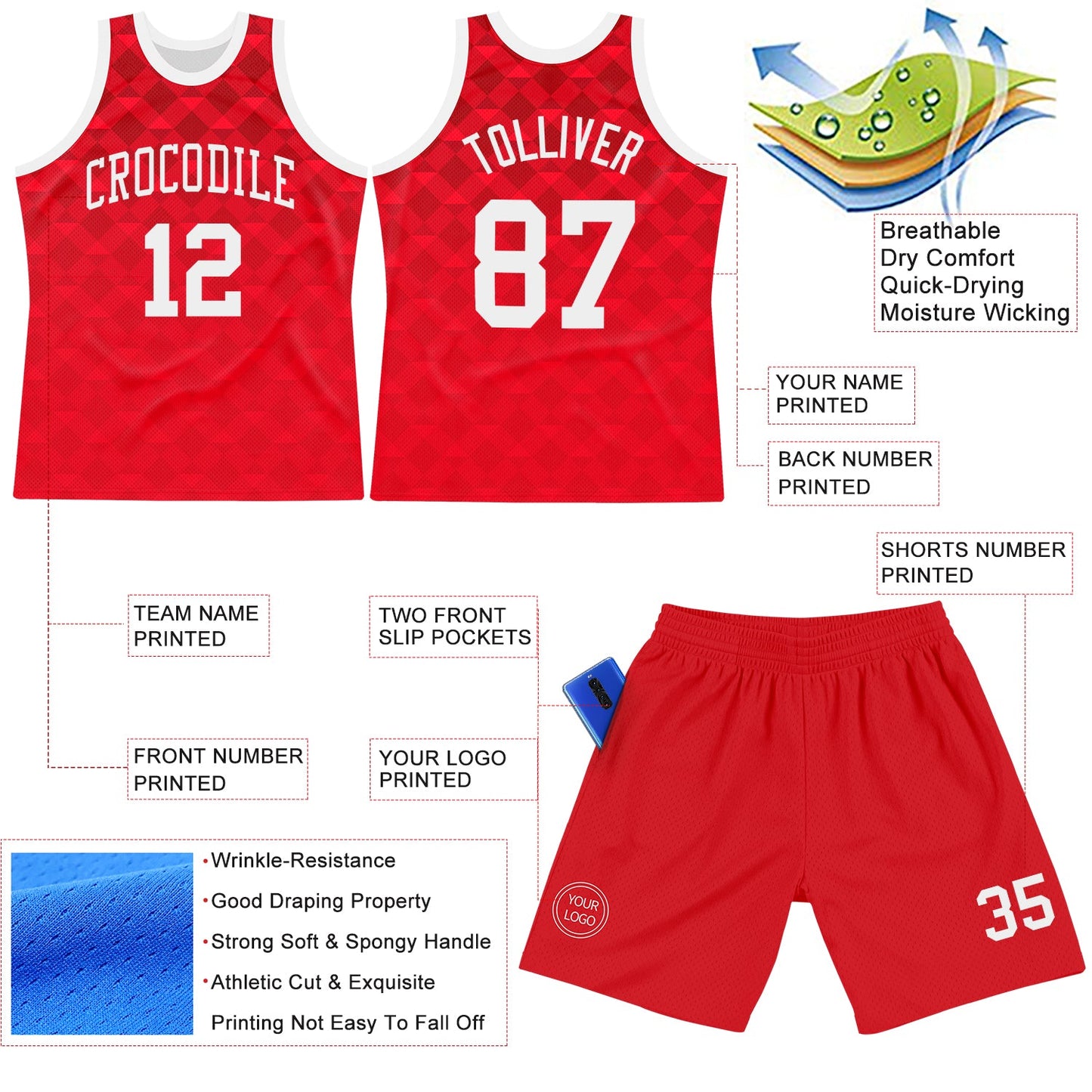 Custom Red White Geometric Shape Round Neck Sublimation Basketball Suit Jersey - Sky-Custom
