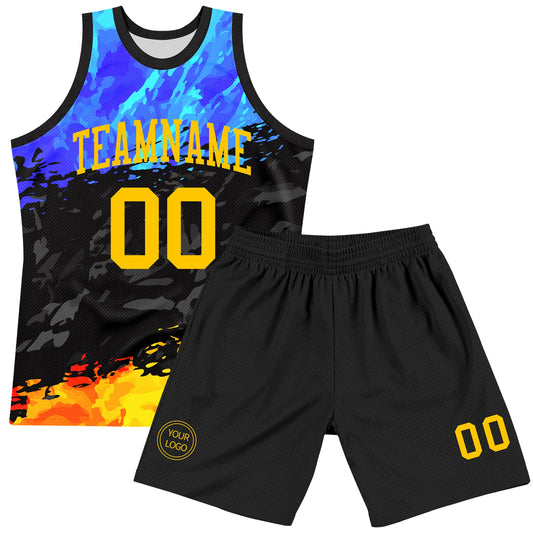 Custom Figure Yellow Royal-Black Splash Round Neck Sublimation Basketball Suit Jersey - Sky-Custom