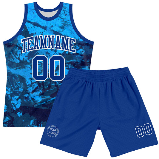 Custom Tie Dye Royal-White Round Neck Sublimation Basketball Suit Jersey - Sky-Custom