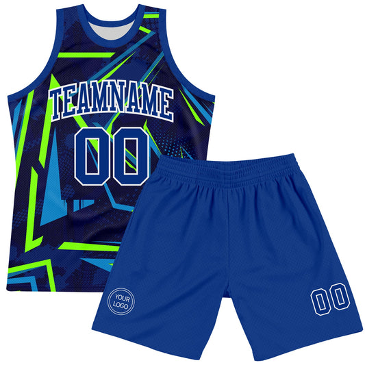 Custom Royal Neon Green-White Geometric Shape Round Neck Sublimation Basketball Suit Jersey - Sky-Custom