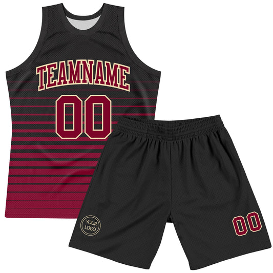Custom Black Maroon-Cream Pinstripe Fade Fashion Round Neck Sublimation Basketball Suit Jersey - Sky-Custom