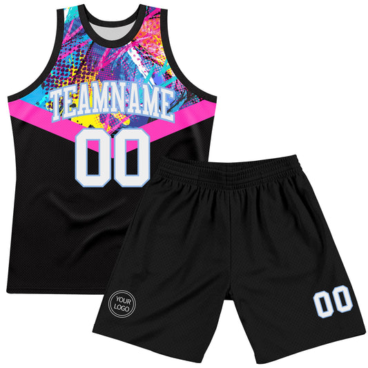 Custom Black White Pink-Light Blue Splash Round Neck Sublimation Basketball Suit Jersey - Sky-Custom