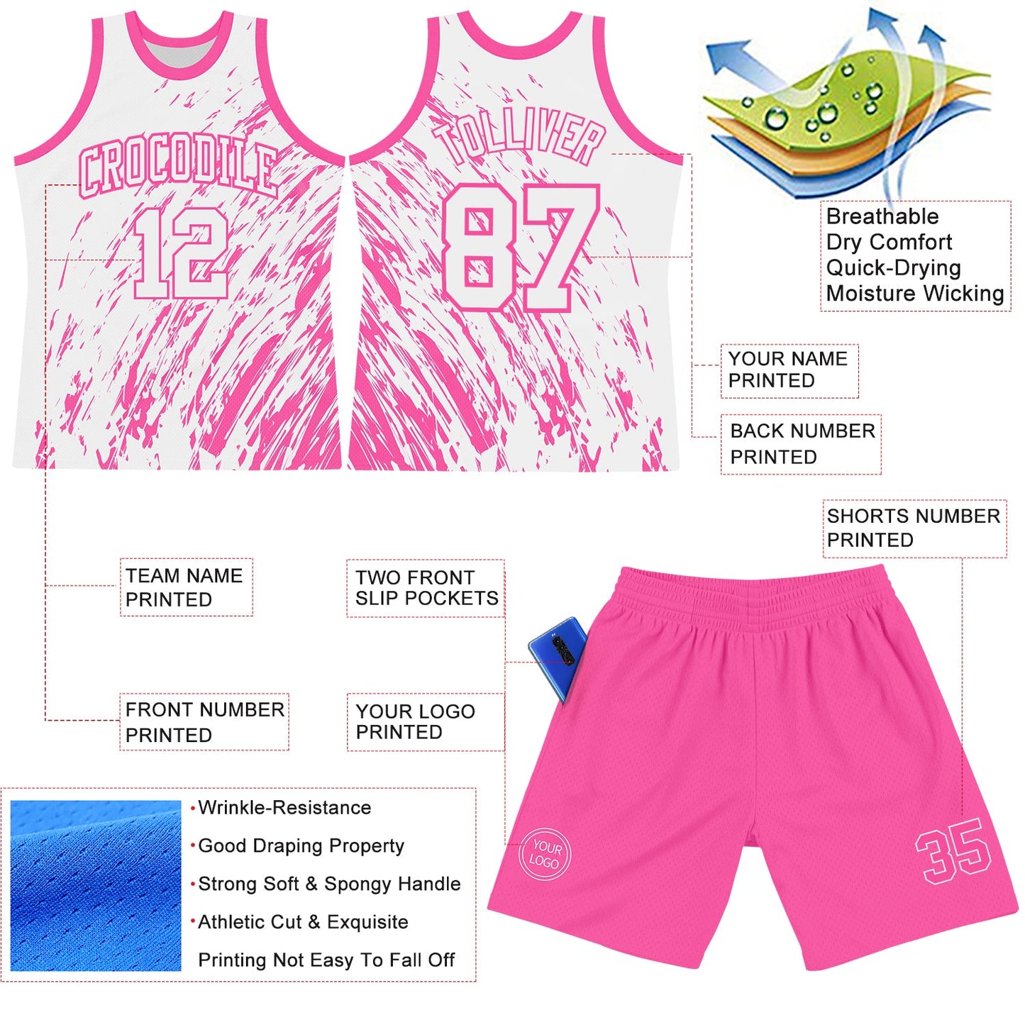 Custom White Pink Splash Round Neck Sublimation Basketball Suit Jersey - Sky-Custom